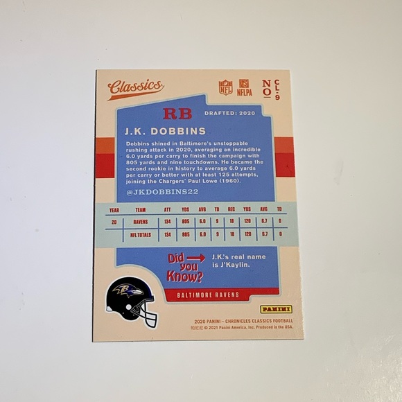 🏈 4/$25 2020 PANINI CHRONICLES CLASSICS #CL-9 J.K. DOBBINS NFL TRADING CARD 🏈 - Picture 2 of 3